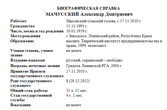 БИОГРАФИЧЕСКАЯ СПРАВКА   МАЧУССКИЙ Александр Дмитриевич  