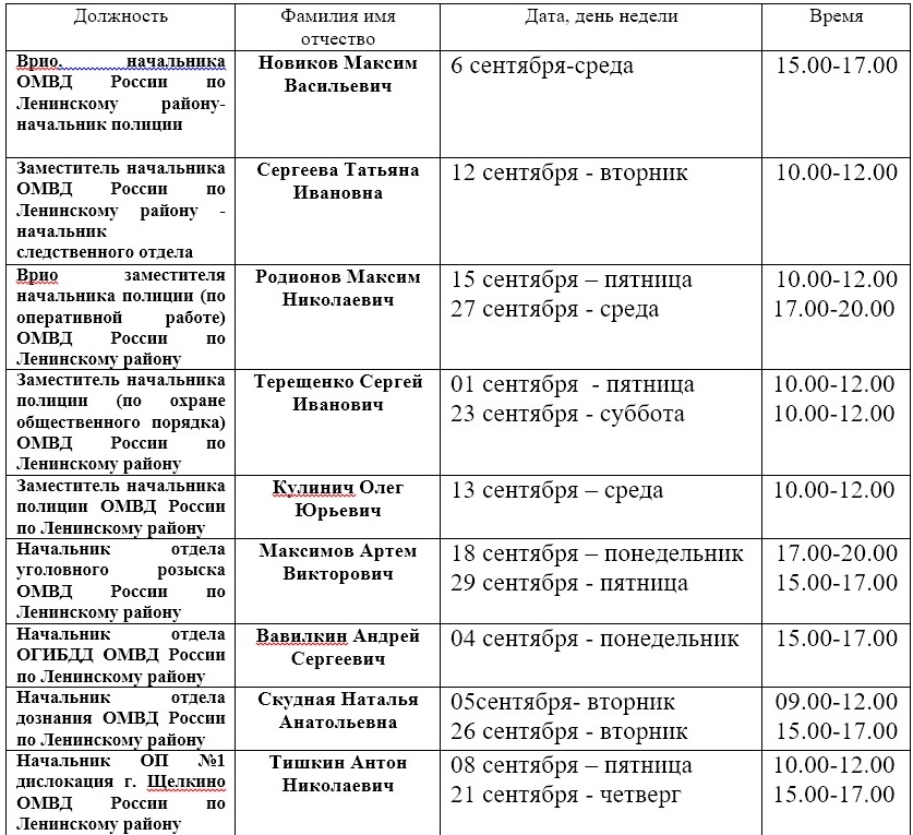ГРАФИК приема   граждан руководящим составом ОМВД России по Ленинскому району на сентябрь 2017 год.
