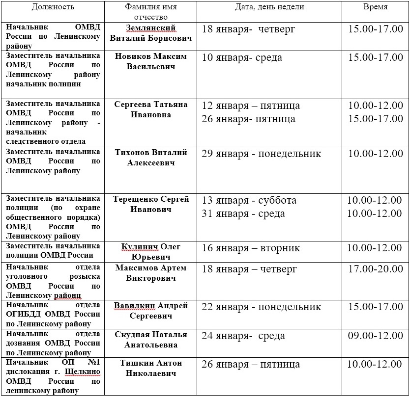                                                               ГРАФИК приема   граждан руководящим составом ОМВД России по Ленинскому району на январь 2018 год.