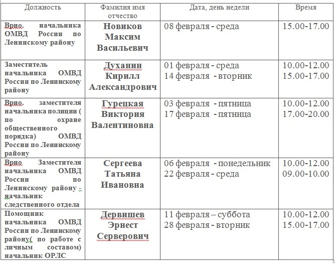 ГРАФИК  приема   граждан руководящим составом ОМВД России по Ленинскому району в феврале 2017 года