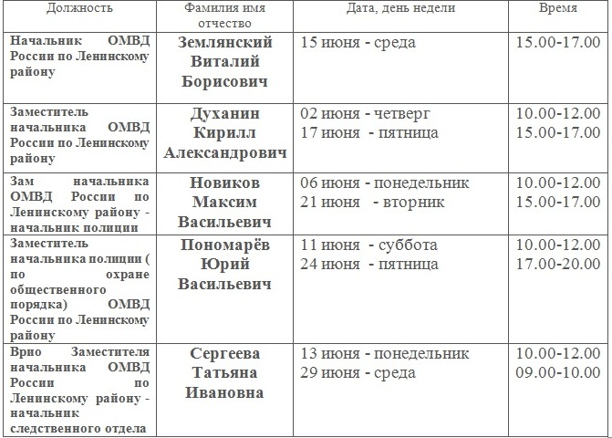 ГРАФИК приема   граждан руководящим составом  ОМВД России по Ленинскому району на июнь 2016 год.