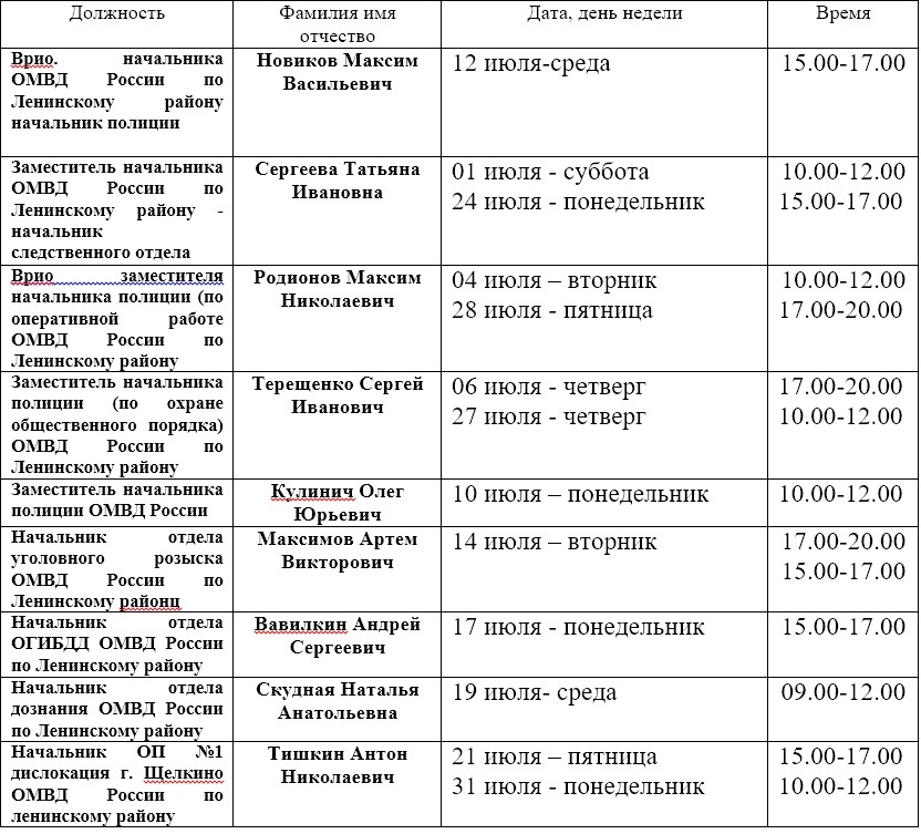 ГРАФИК приема   граждан руководящим составом ОМВД России по Ленинскому району на июль 2017 год.